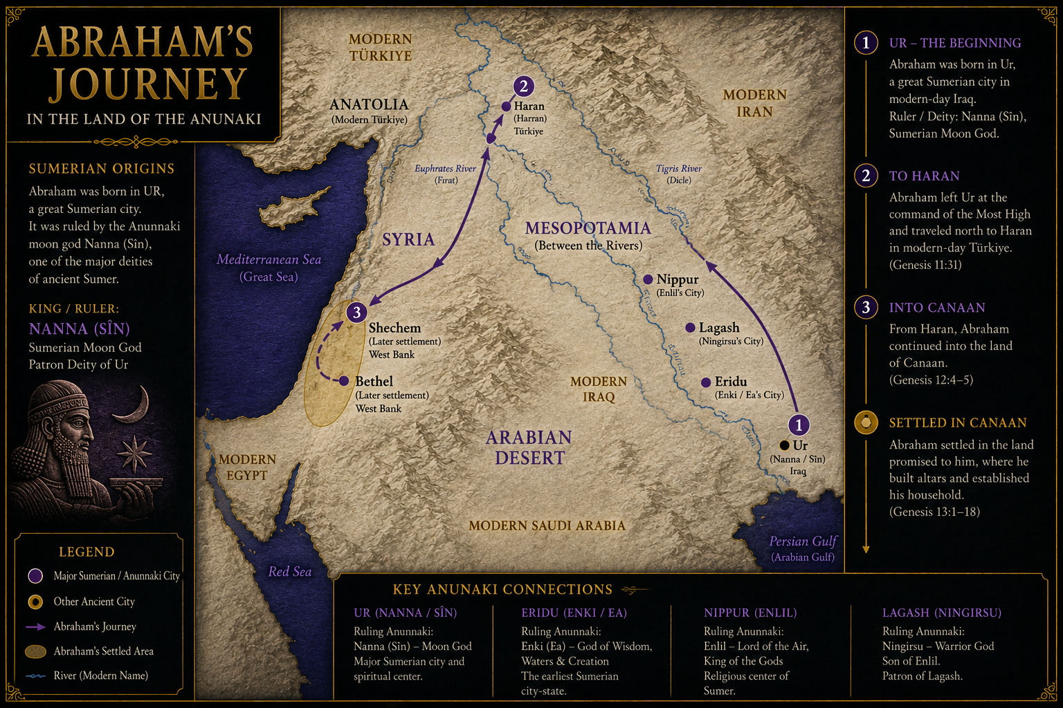 The Journey of Abraham from Ur to Canaan showing modern and ancient place names